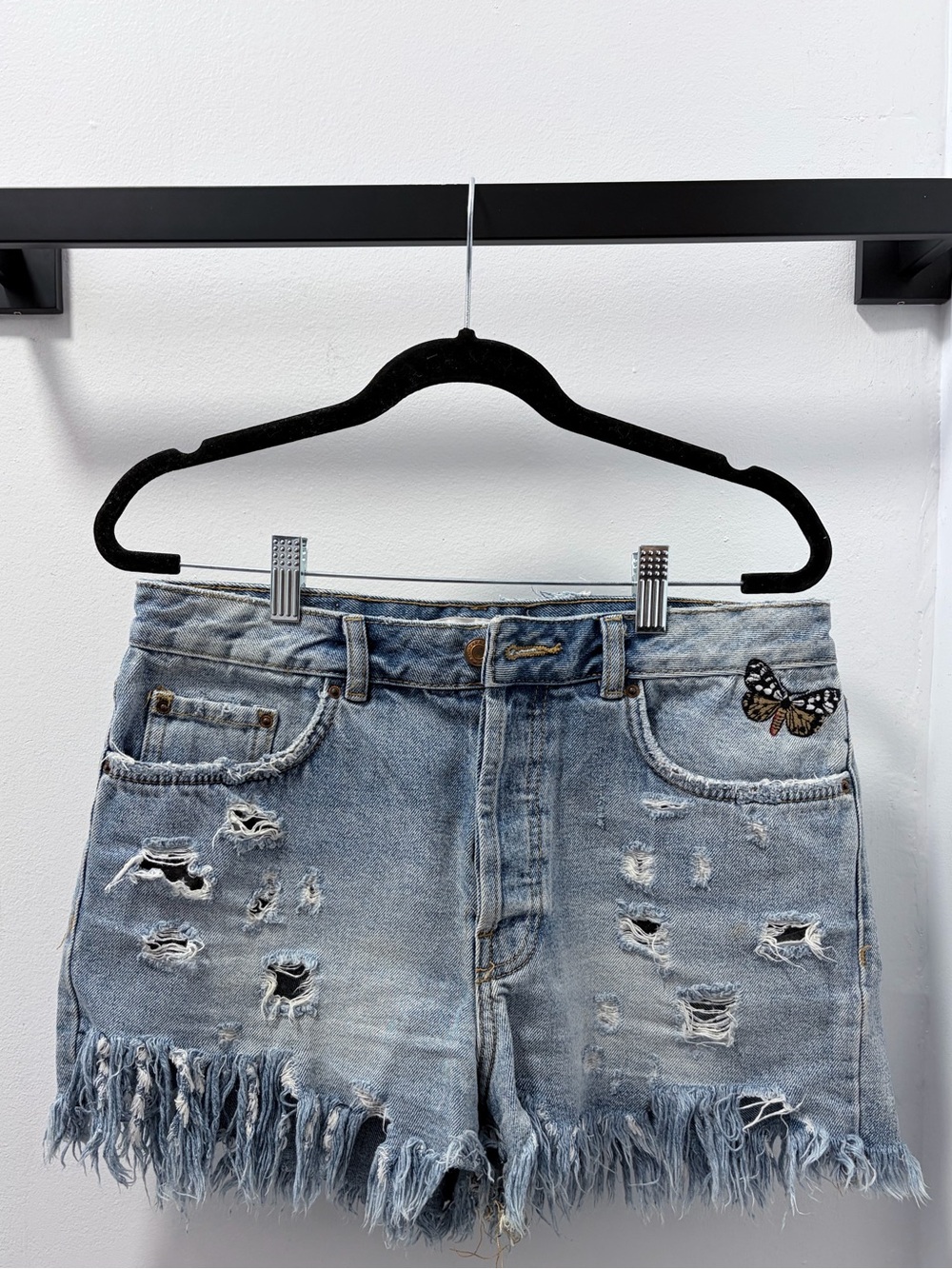 Zara Light Blue Distressed Denim Shorts with Butterfly Patch